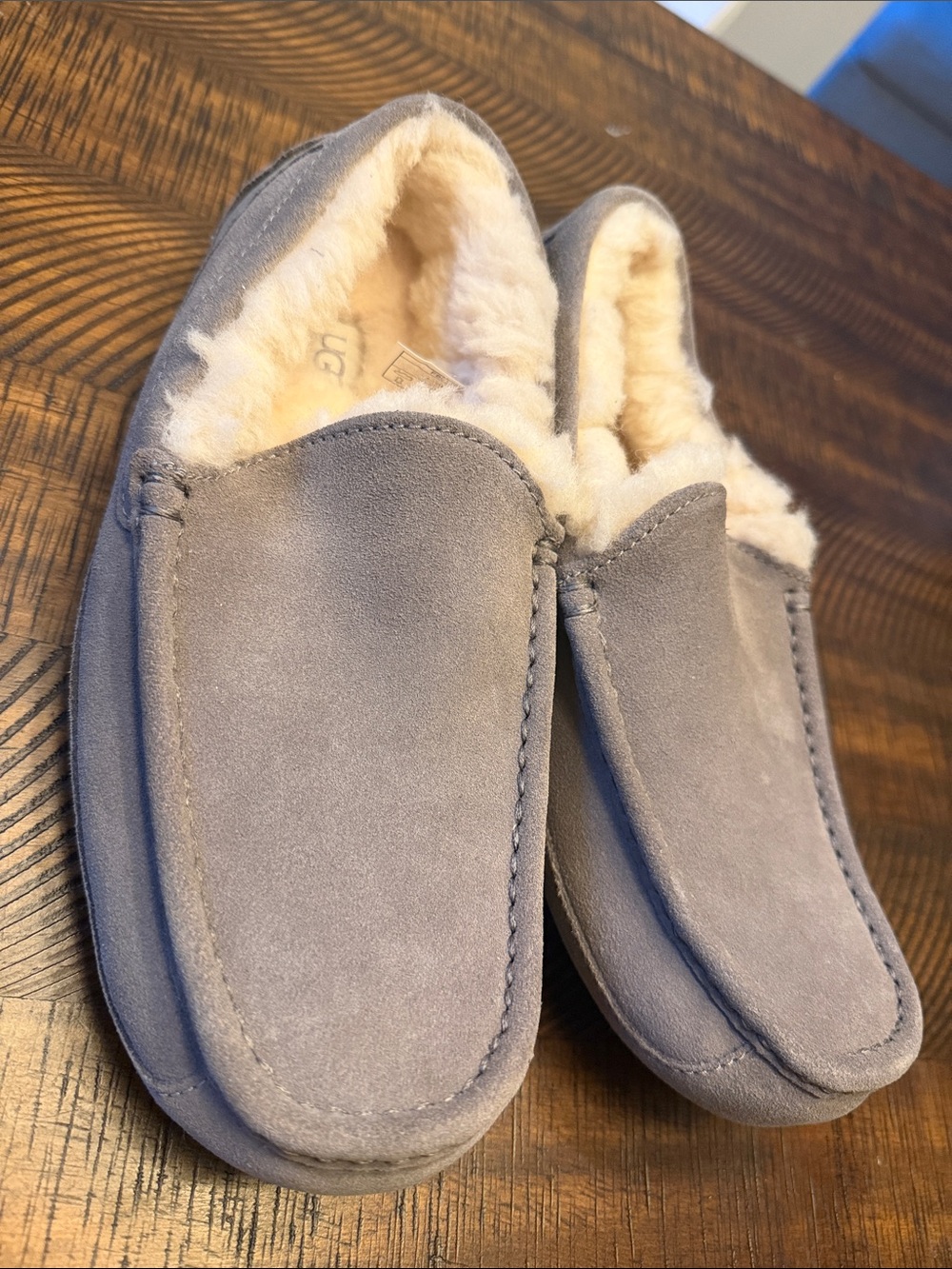 UGG Men's Light Gray Suede Slip-On Moccasins with Cream Shearling